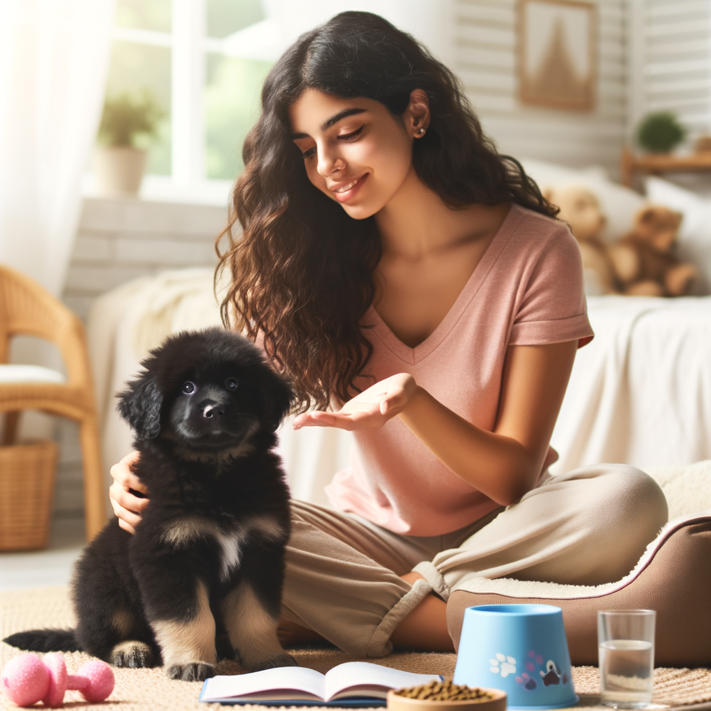 Young woman training a black puppy indoors with pet toys and food, demonstrating how to care for a new puppy.